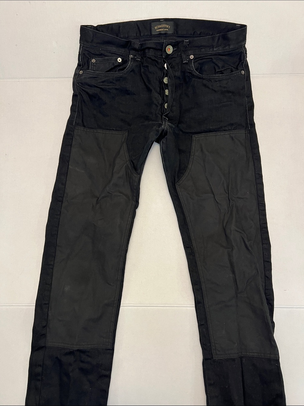 SCHAEFFER’S GARMENT HOTEL MADE IN USA RARE BLACK DOUBLE KNEE JEANS 34x35